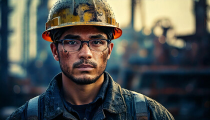 Dirty Faced Worker in Helmet