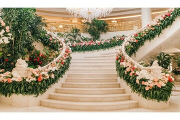Fototapeta premium Elegant staircase adorned with lush flowers and greenery, creating a luxurious atmosphere.