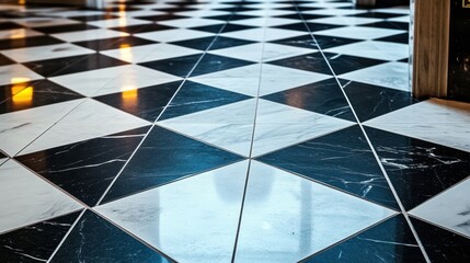 A close-up view of a checkered black and white tiled floor design.