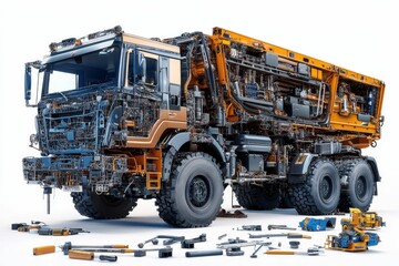 Obraz premium Exploded view of truck, showing internal components and tools.