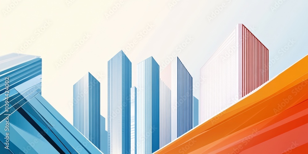 Poster abstract geometric urban architecture with vibrant triangular patterns and modern skyscrapers