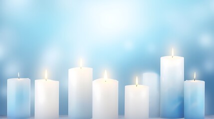 Six Lit Candles Against A Soft Blue Background