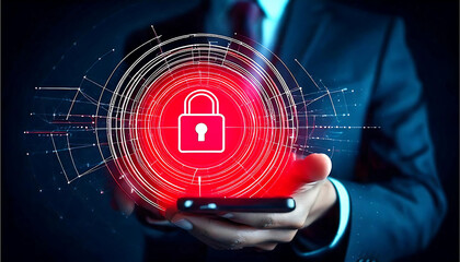 Man Holding Phone with Holographic Lock Icon for Security and Data Protection