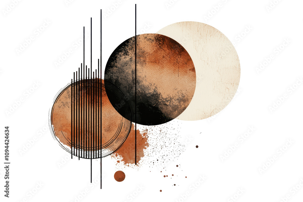 Poster abstract composition featuring circular forms in earthy tones, evoking celestial motifs with lines a
