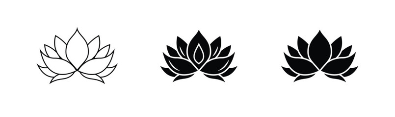 Lotus flower silhouette logo. Set black lotus symbol isolated on white background. Lotus vector icon, sign yoga and meditation for spa salon