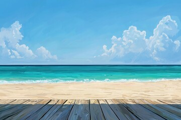 Fototapeta premium Tranquil Beach Escape: A picturesque scene of a pristine beach with azure waters, white sand, and a wooden boardwalk leading to the horizon. The sky is a vibrant blue with fluffy white clouds.