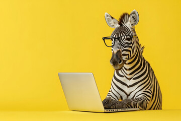 A zebra with glasses is working on a laptop on a bright yellow background