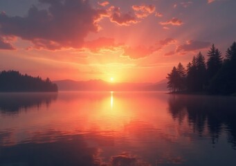 Obraz premium Beautiful sunset over tranquil lake with silhouetted trees and vibrant colors