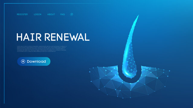 Polygonal glowing hair follicle on a blue gradient background emphasizing hair therapy or dermatological care