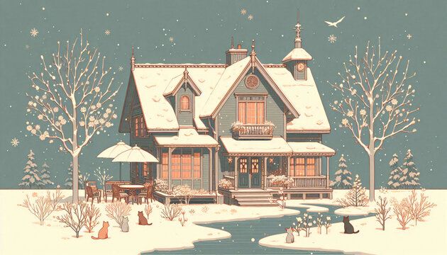 old house. Town in winter. digital illustration.