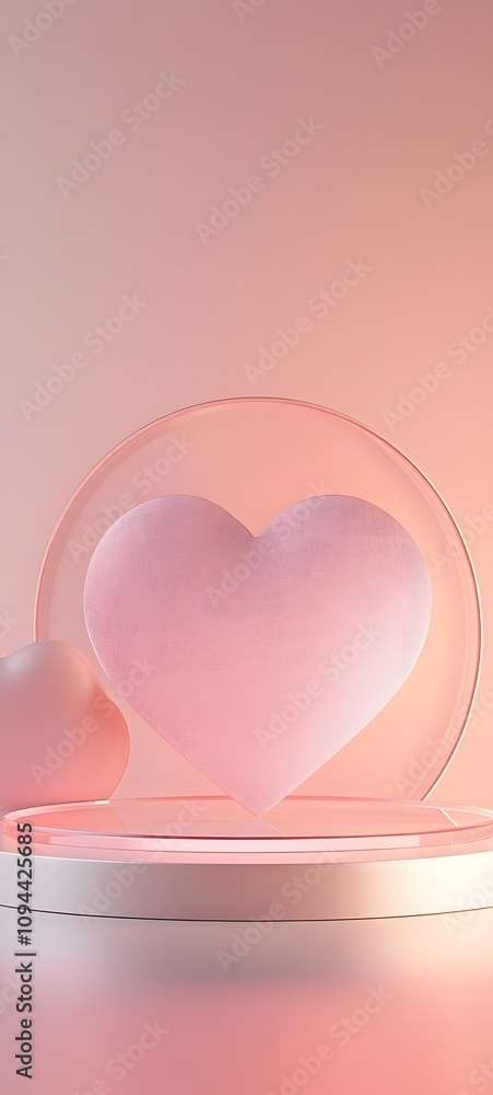 Aufkleber a minimalist glass podium with a soft pink gradient, set in front of a glowing heart-shaped backdrop