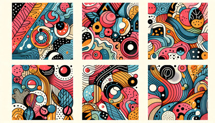 Fototapeta premium seamless multiple patterns with line cartoon illustration. Modern aesthetic.