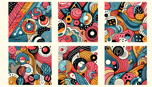 seamless multiple patterns with line cartoon illustration. Modern aesthetic.