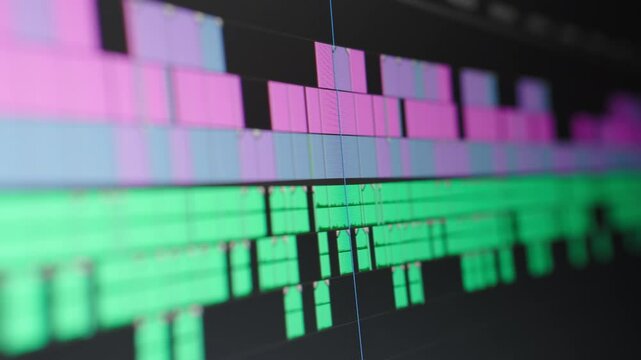 Video editing. Playhead moving through the timeline. Screen close up