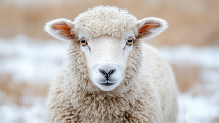 Close-Up Portrait of a Curious Lamb in a Snowy Pasture, Showcasing Soft Wool and Innocent Expression While Standing on a Winter Landscape
