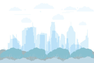 Naklejka premium Light blue cityscape background. City buildings with trees at park view. Monochrome city. Modern architectural panorama in flat style.