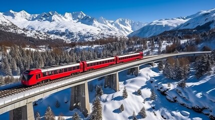 Aerial view of landwasser viaduct  luxury glacier   bernina express in swiss alps winter landscape