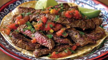 Juicy Grilled Steak Tacos with Fresh Salsa and Lime Garnish on Colorful Plate, Perfect for Authentic Mexican Cuisine Lovers and Food Photography Enthusiasts