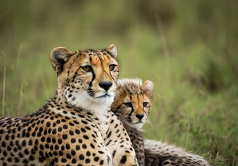 Fototapeta premium Close-Up of a Cheetah Resting with Cubs in the African Wilderness