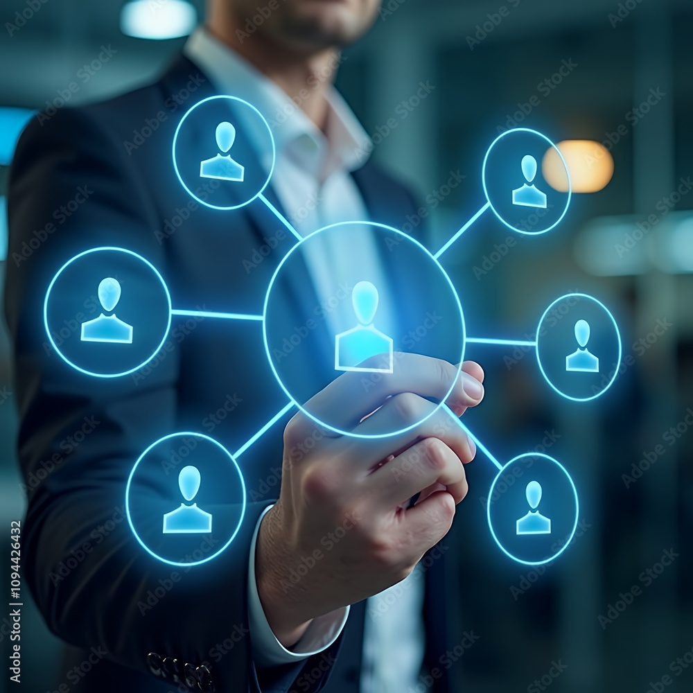 Poster businessman illustrating a virtual organization chart for human resource management and career path 