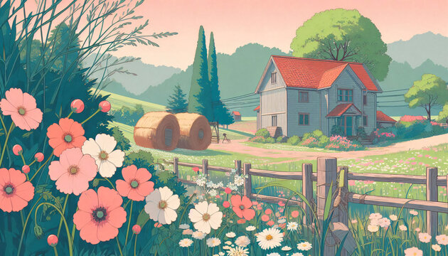 countryside and garden. digital illustration.