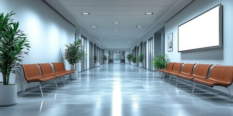 A mockup of an empty white poster on the wall in modern hospital waiting room with comfortable chairs and medical equipment. empty white blank poster on white wall in hospital, white board