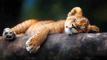 Naklejka premium Sleepy Lion Cub Resting Peacefully on a Log in a Natural Setting with Soft Furry Coat and Relaxed Expression Under Gentle Sunlight