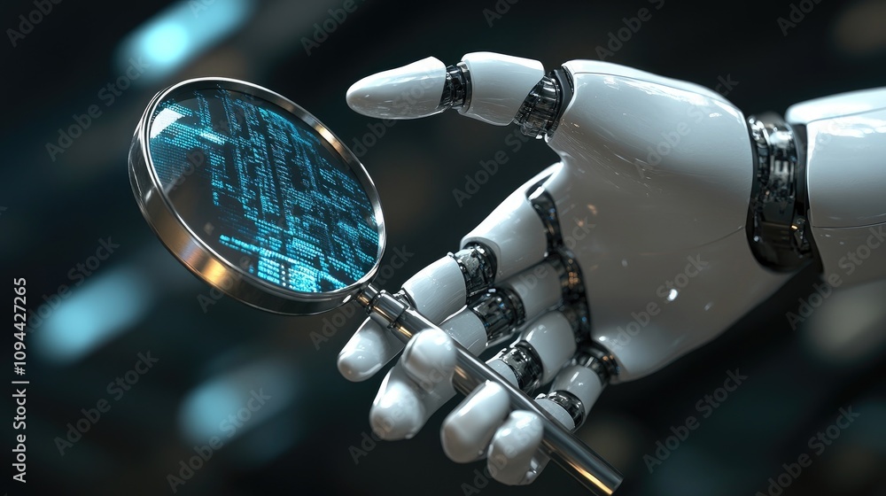 Poster a futuristic robotic hand, examining data through a digital magnifying glass, showcasing advanced te