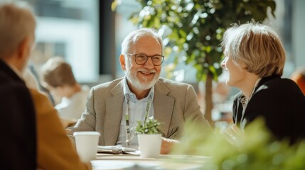 European retiree discussing green investment options in a sustainable finance forum in Helsinki, Finland