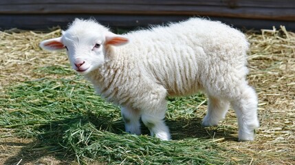 Adorable Young Lamb Standing on Green Grass in Barnyard Setting, Featuring Soft Fluffy Wool and Innocent Expression Captured in Natural Light