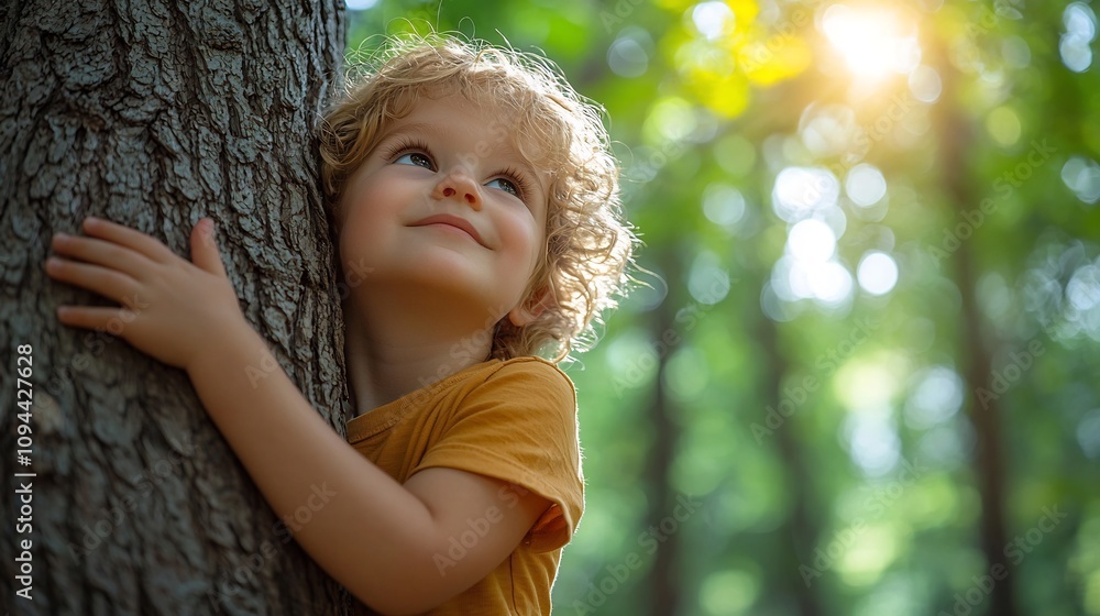Poster child hugging a giant tree in a sunlit forest symbolizing connection with nature
