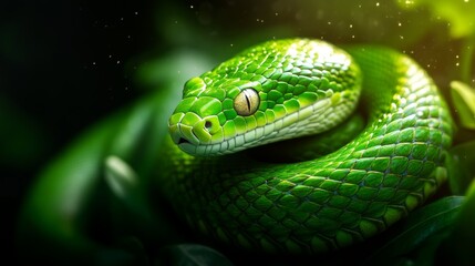 Obraz premium The bright green snake blends into the surrounding greenery, showcasing its scales under soft sunlight