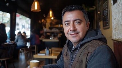 Fototapeta premium Hispanic entrepreneur managing online banking tools in a cafe in Buenos Aires, Argentina