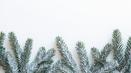 Christmas border with fir branches and snow, flat lay design on a white background, perfect for banners, mock-ups, and copy space concepts.