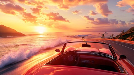Coastal Adventure: 3D Rendering of Family Road Trip in Convertible Car with Ocean View at Sunset