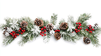 Christmas border with fir branches and snow, flat lay design on a white background, perfect for banners, mock-ups, and copy space concepts.