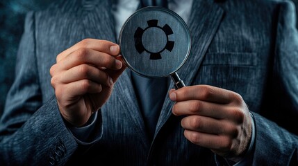 A businessman in a suit holds a magnifying glass with a focus on a gear symbol, symbolizing analysis and problem-solving.
