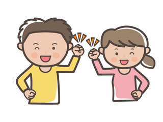 ガッツポーズでやる気満々の若い男女カップルの上半身イラスト