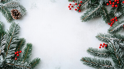 Christmas border with fir branches and snow, flat lay design on a white background, perfect for banners, mock-ups, and copy space concepts.