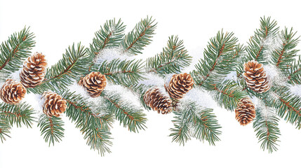 Christmas border with fir branches and snow, flat lay design on a white background, perfect for banners, mock-ups, and copy space concepts.