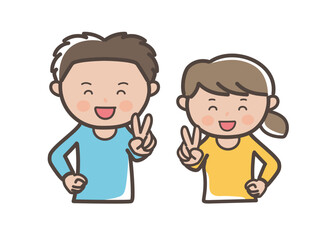 笑顔でピースサインをする若い男女カップルの上半身イラスト