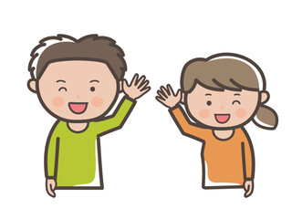元気に挨拶をする若い男女カップルの上半身イラスト