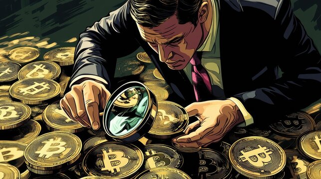 A focused man examining bitcoin coins using a magnifying glass, illustrating the intrigue of cryptocurrency investment. - Powered by Adobe