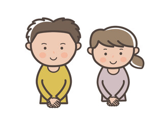 礼儀正しく挨拶をするイメージの若い男女カップルの上半身イラスト