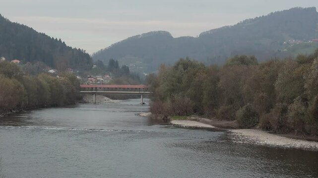 River savinja flowing from celje through lasko city in early autumn. Visible brown trees, river and bridge in the background. Brown autumn feeling, cold