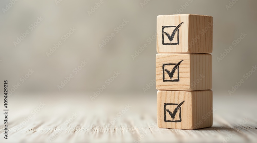 Poster check mark icons for job lists on wooden blocks - perfect for task lists, checklists, and quality co