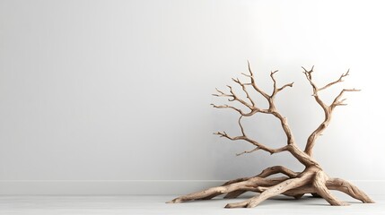 Intricate Wood Sculpture Inspired by Nature's Elegance and Resilience in a Minimalist Setting. Woodwork, Carpentry, Natural Concept