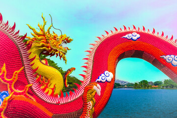 Nakhon Sawan Series : Dragon statue in Chinese style with lake view at Nakhon Sawan Province
