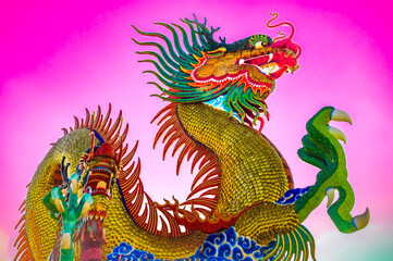 Nakhon Sawan Series : Golden dragon statue in Chinese style with pink sky
