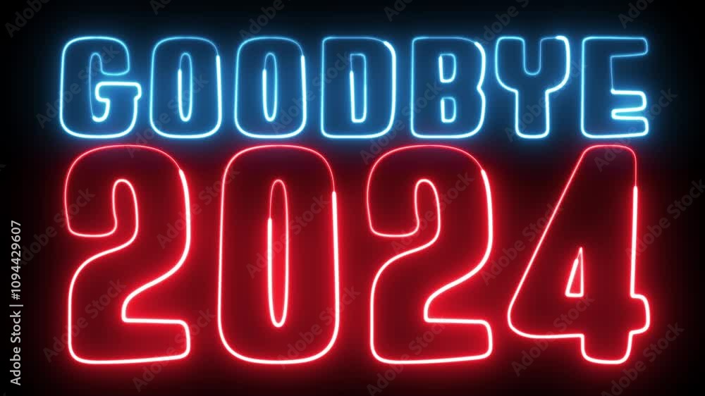 Poster goodbye 2024 neon sign. goodbye 2024 text font with light. luminous and shimmering haze inside the l